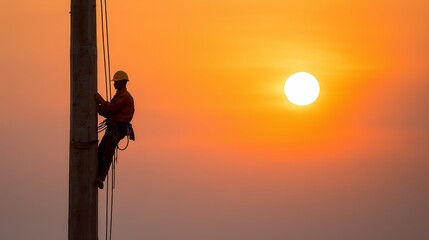 Silhouette of a man, an electrician, climbing a utility pole at sunset. Concept of hard work, infrastructure maintenance, power line repair.