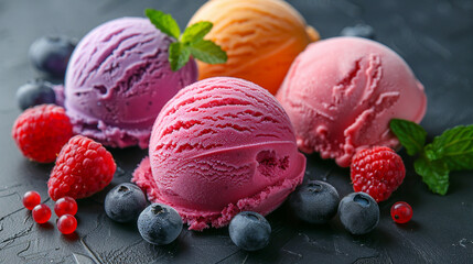Colorful ice cream scoops with berries on dark background