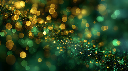 Abstract blur bokeh banner background. Gold bokeh on defocused emerald green background
