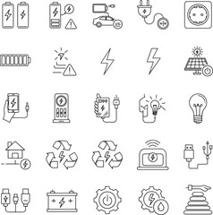 Electric vehicle or transport web icons in line style editable stroke. Electric car, battery, charging station, solar panel, range, plug, collection. 
