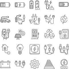 Electricity icon set. Containing energy, power, voltage, current, plug, battery, electrician, socket and more.