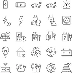 Charging Web Icon Set in Line Style. Collection of Electricity Linear Icons, Including wireless charging, charge, energy, socket, battery, charging station, ev, electric car and More. 
