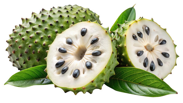 A whole soursop fruit and two halves revealing its white flesh and black seeds isolated on transparent background