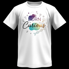 Born Curious T-shirt Design with Abstract Shapes and Science Icons
