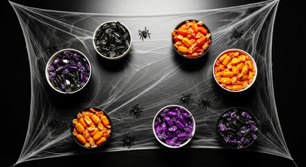 Halloween candy bowls with spider web decoration on black table