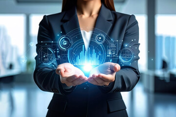 Professional woman working with holographic AI tools in futuristic office.