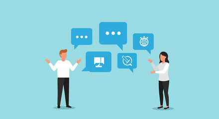 Fototapeta premium Diverse people communicating with various digital icons in speech bubbles