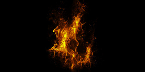 A mesmerizing dance of golden flames illuminating the darkness showcasing the raw power of fire on...