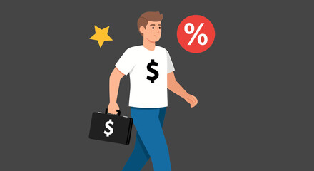 Man with Briefcase and Dollar Sign T-Shirt Walking with Star and Percent