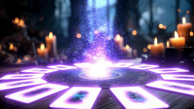 A mystical Tarot scene with candles, a cosmic vortex, and esoteric elements