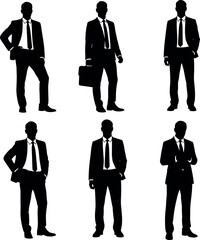 Businessman Silhouette Set in Professional Poses with Suit and Tie, Corporate Office Style, Ideal for Business Presentation Design
