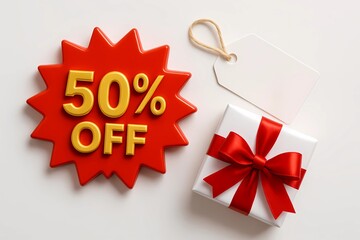 3D 50% Off Discount Banner with Gift Box and Tag”