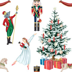 Nutcracker, ballerina, mouse king, Christmas tree, rocking horse, presents seamless pattern. Merry Christmas, New Year wallpaper. © good_mood