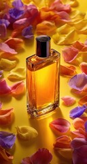 Amber perfume bottle surrounded by colorful rose petals on a vibrant yellow background