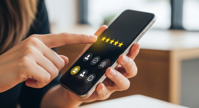 Digital Satisfaction - Womans Finger Taps the Fifth Glowing Star for a Perfect Online Review.