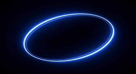 Luminous Blue Neon Ellipse Floating in a Dark Void, an Abstract Light Trail Creating a Futuristic Halo.