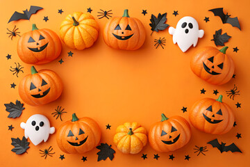 Festive Halloween Decor with Pumpkins and Ghosts on Orange Background