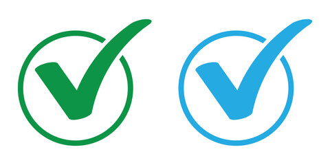 Green and blue tick-mark icon set on isolated white background. Green checklist web icons on white page. Ok sign vector set. Yes, Tick, Ok sign icons on isolated white page. EPS 10. 