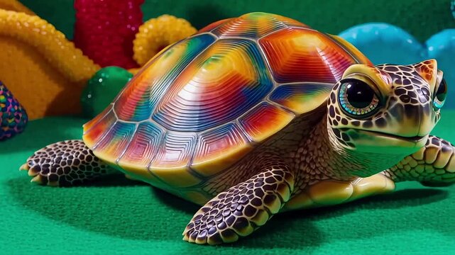 Whimsical sea turtle with a vibrant, colorful shell explores a playful underwater world.