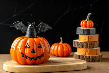 Halloween pumpkin decoration with bat and mini pumpkins on wood