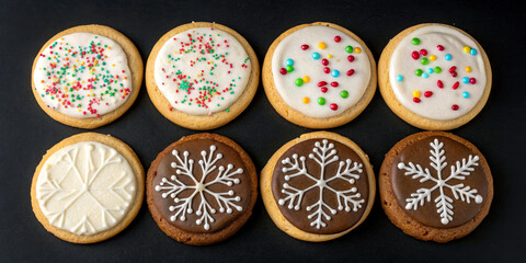 Festive Holiday Cookies with Colorful Icing on Dark Background