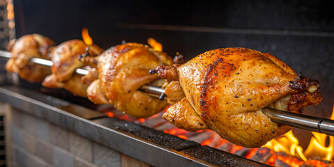 Rotisserie Chicken Cooking on Spit Over Open Flame with Flames
