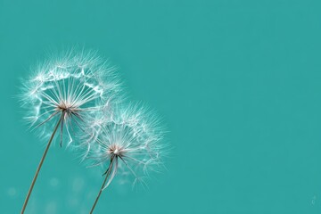 Fototapeta premium Two dandelion seed heads, soft white, against a teal background