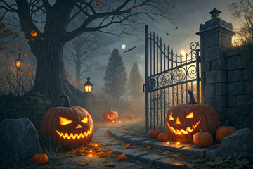 Spooky Pumpkin Pathway with Jack-o'-Lanterns and Foggy Night Scene