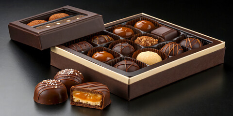 Assorted Chocolate Confections in Elegant Box on Dark Surface