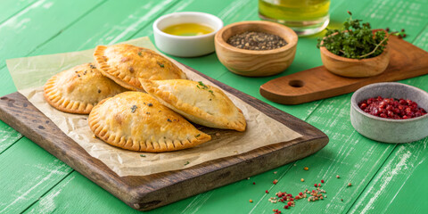 Delicious golden pastries on wooden board with herbs and sauces