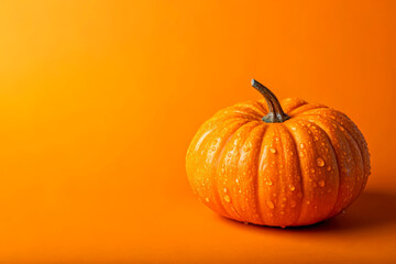 Fresh Orange Pumpkin with Water Drops on Vibrant Orange Background
