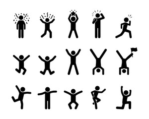 Stickman celebration poses vector set. Happy human silhouette cheering, jumping, handstand, waving flag, running and showing excitement. Icons for success, victory, motivation, happiness, sport and ac
