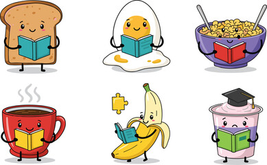 Cartoon Breakfast Food Characters Vector – Cute Morning Meal Mascots with Books for Kids, Education, Nutrition, Branding, and Packaging