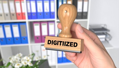 Hand holding wooden stamp that says "Digitized" in front of office files