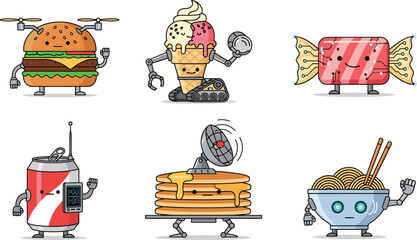Cartoon Robot Food Characters Vector – Futuristic Snack Mascots Featuring Burger, Ice Cream, Candy, Soda, Pancakes, Noodles for Kids & Branding