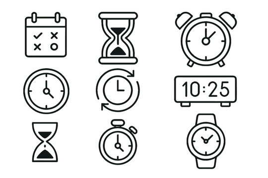 Set of time icons including clocks and timers on a transparent background  