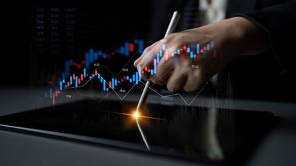 Candlestick chart visualizing financial market trends, investment patterns, price fluctuations, and...