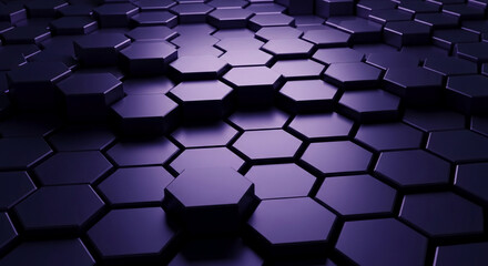 Abstract background of dark purple hexagons, creating a three-dimensional texture, showcasing a modern and geometric design ideal for technology or corporate branding