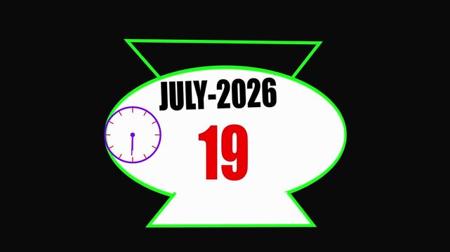 July 2026 Calendar Date 19 with Clock and Green Outline image photo and holiday ,4k video .