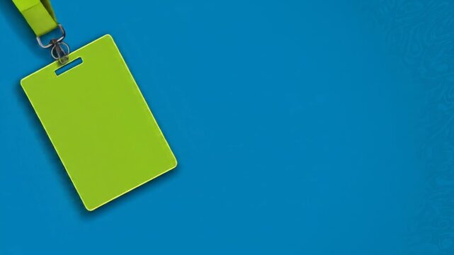 Empty lime green ID badge hangs on a bright blue background.
