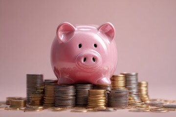 Charming Pink Piggy Bank on Gleaming Coin Stacks, Symbolizing Savings  Financial Growth.