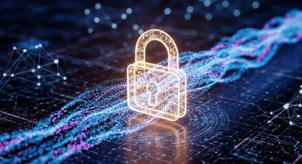 Golden Digital Padlock Securing a Luminous Blue Data Stream in Cyberspace.