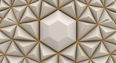 White geometric pattern with gold accents, showcasing a central hexagonal shape, ideal as a luxurious background or elegant presentation mockup