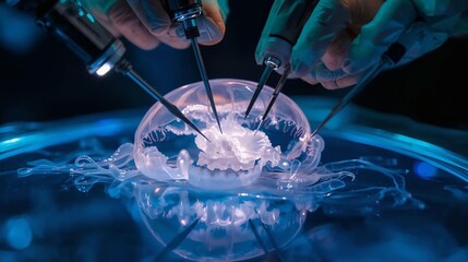 A bioluminescent jellyfish, its bell pulsing with soft light, undergoes a delicate, futuristic surgical procedure. Specialized, slender robotic arms equipped with tiny illuminated instruments