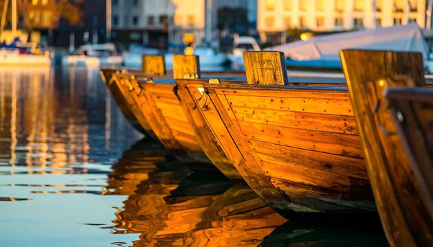 Wooden boats at sunset on a lake - Powered by Adobe