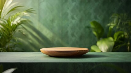 Wooden podium, product display stand, green botanical background, minimal presentation scene, natural texture, eco-friendly showcase, spotlight platform, organic style, cosmetic display, empty stage - Powered by Adobe