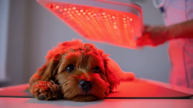 Dog under red light therapy, veterinary care, pet wellness, infrared treatment, animal relaxation, canine health, vet clinic, therapeutic session, healing process, holistic approach
