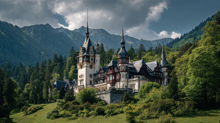 Grand historic castle surrounded by lush green forests and majestic mountains under a dramatic sky with scattered clouds and sunlight illuminating the landscape.