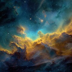 Celestial Tapestry - Golden Nebulas Embrace in Deep Space.