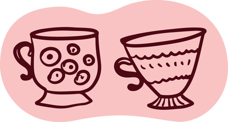 Tea Cups Collection Line Drawing Sketch	